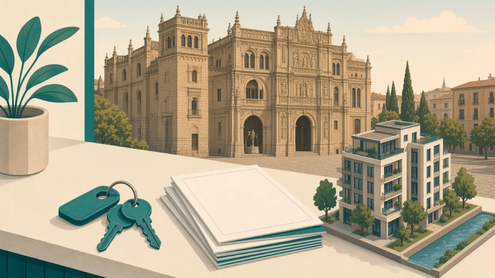 Real estate agencies in Alcalá de Henares — keys and skyline