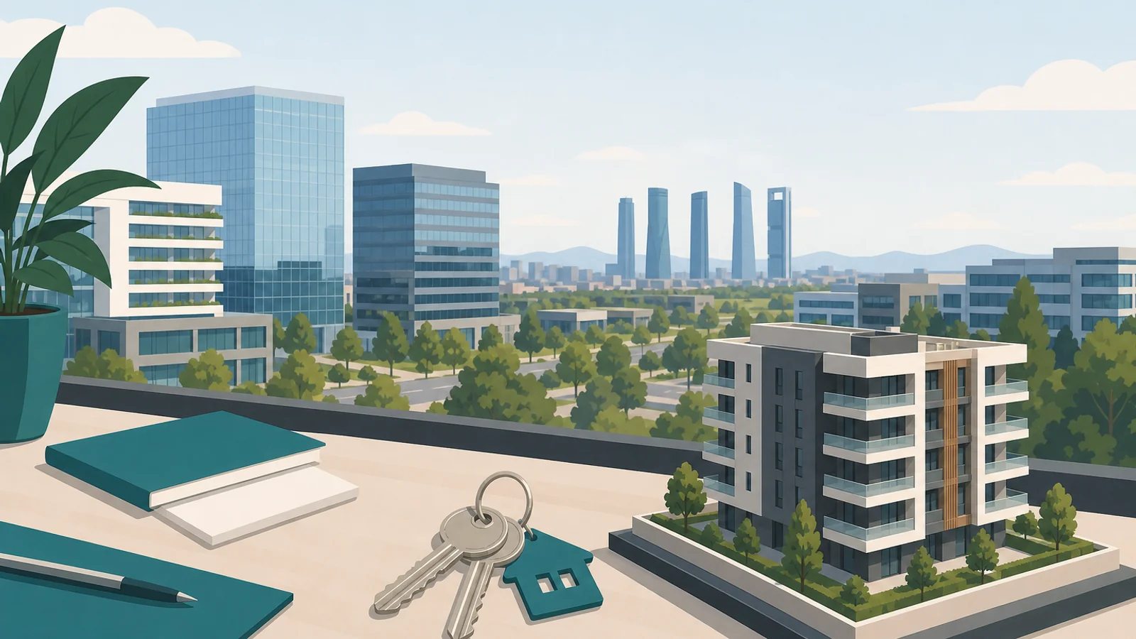 Real estate agencies in Alcobendas — keys and skyline
