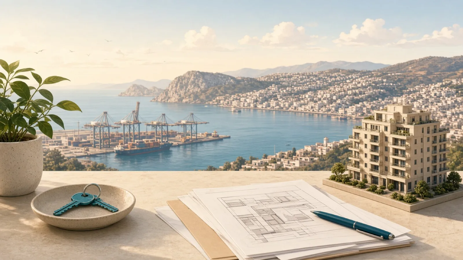 Real estate agencies in Algeciras — keys and skyline