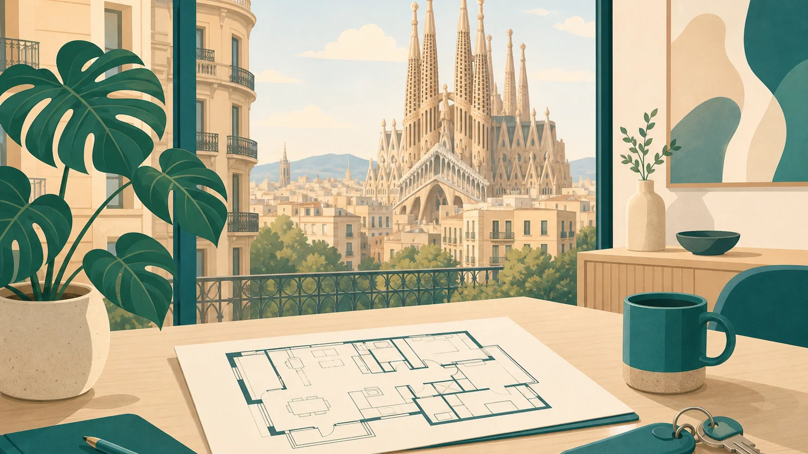 Real estate agencies in Barcelona — keys and skyline