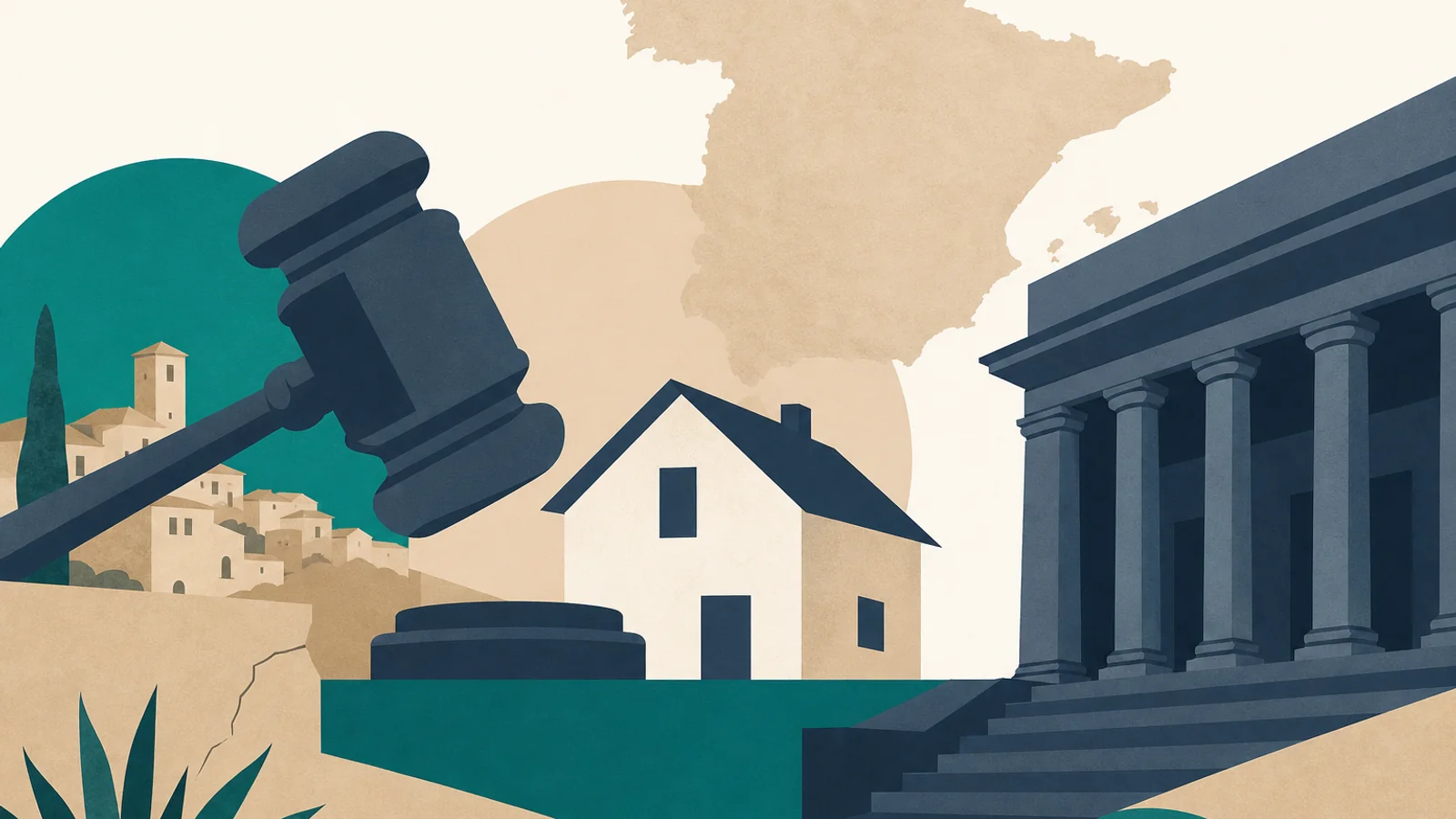Property auction gavel and Spanish foreclosure documents with BOE listings for distressed real estate investment