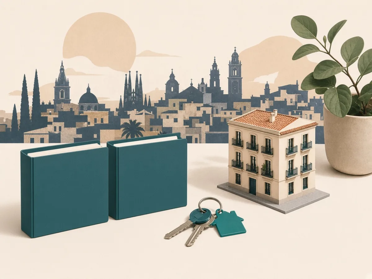 Two blank folders as competing mortgage offers next to keys and a miniature building