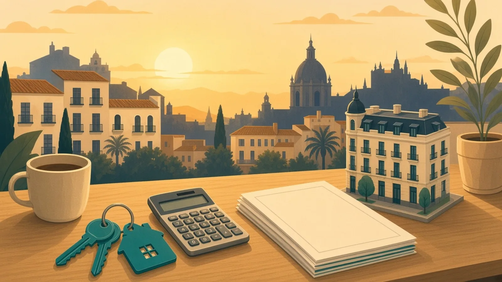 Desk with calculator, teal house keys and a miniature apartment building