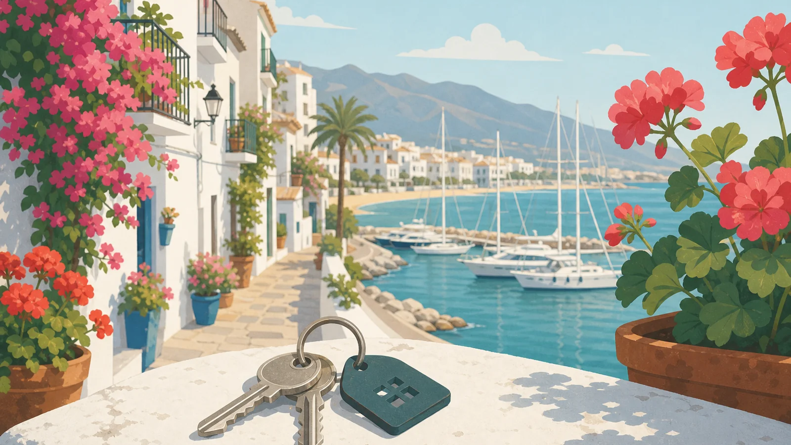 Real estate agencies in Estepona — keys and skyline