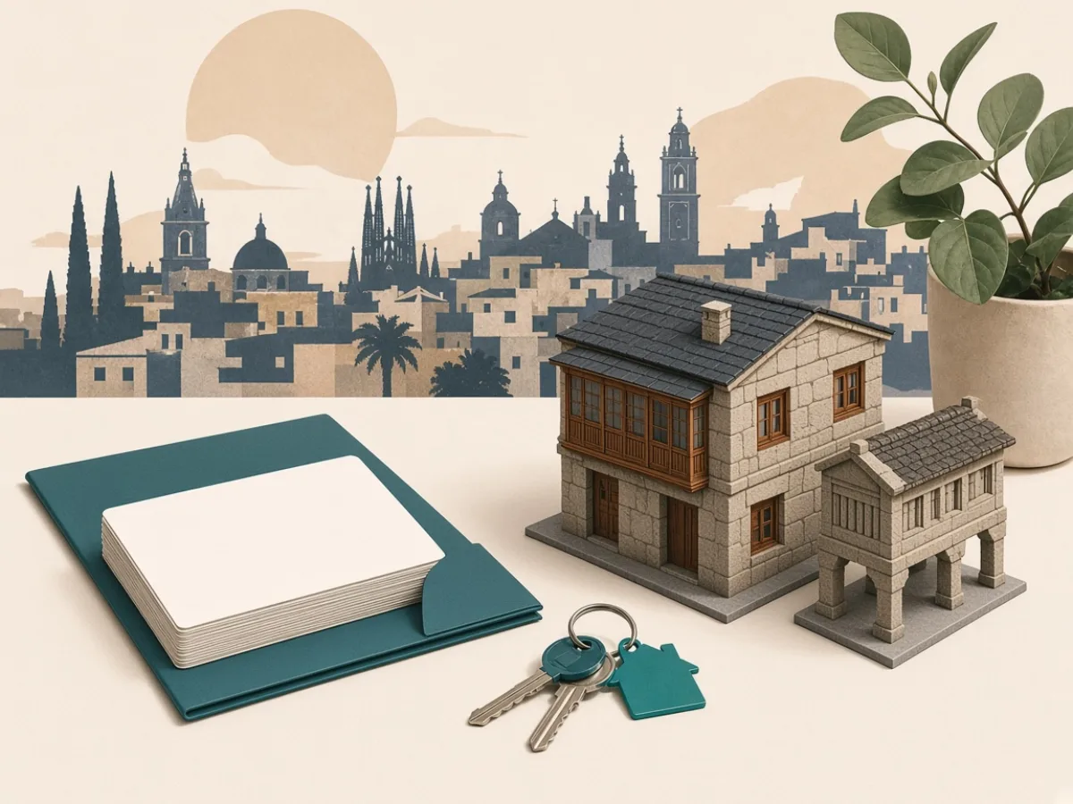 Blank ID-sized cards, teal folder and a miniature Galicia-style apartment — autónomo files are a pile of PDFs