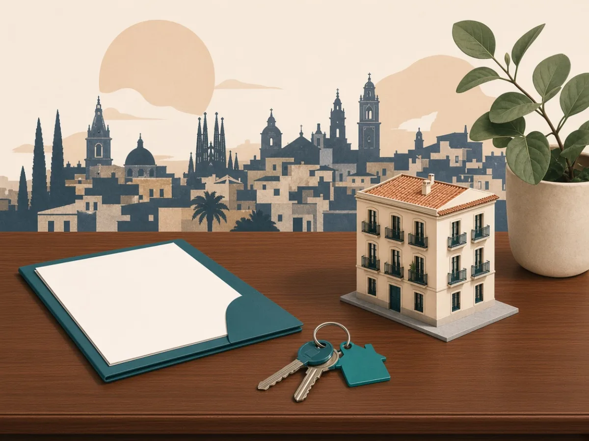 Notary-like desk with keys and a miniature house — agencies earn fees coordinating valuation, not cheering a YouTube reservation
