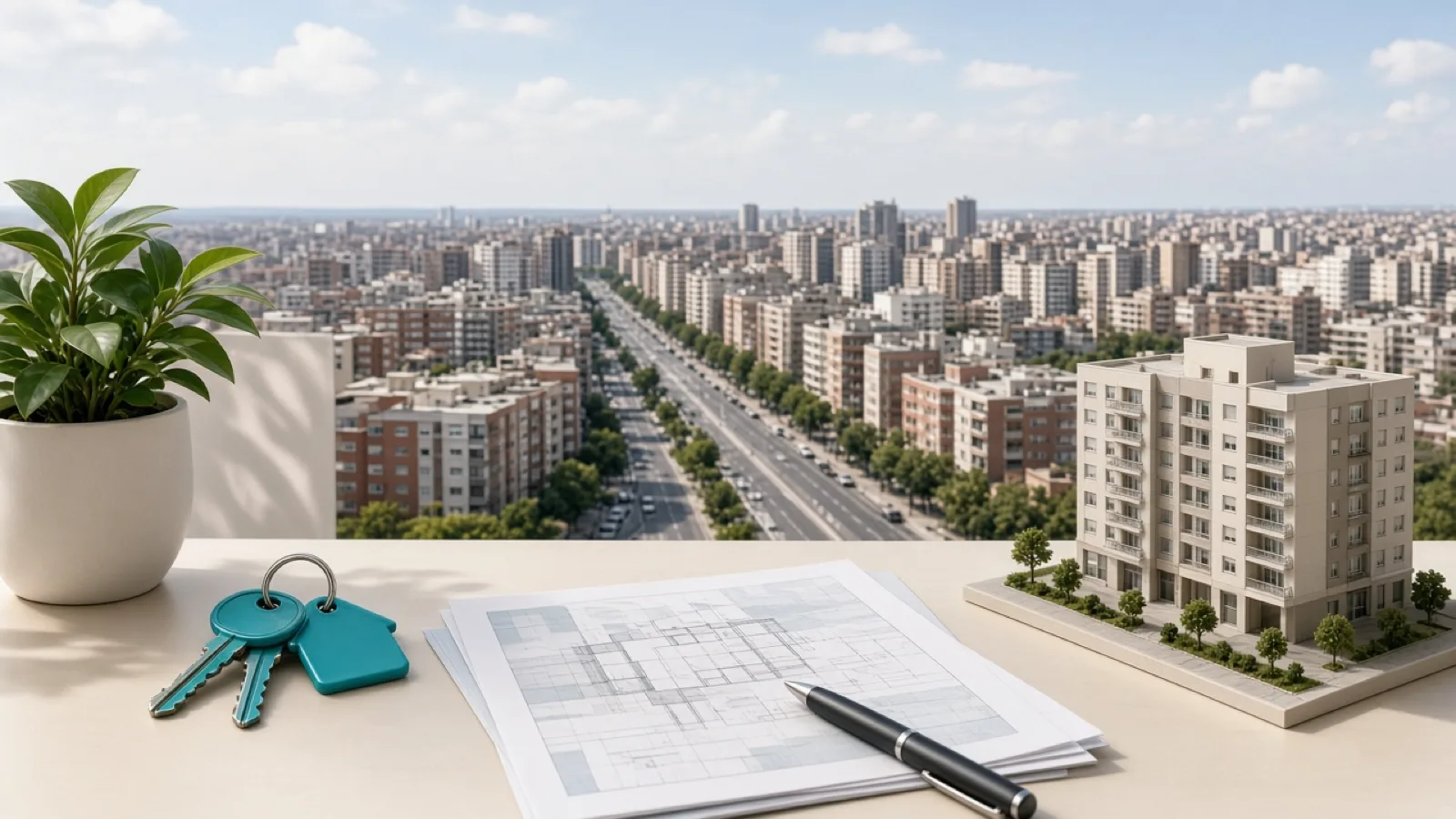Real estate agencies in Fuenlabrada — keys and skyline