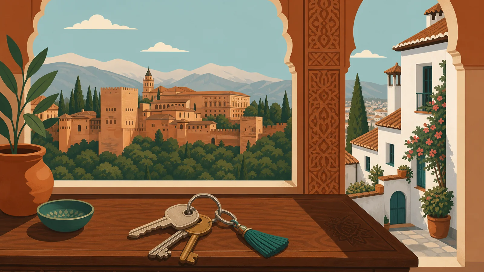 Real estate agencies in Granada — keys and skyline