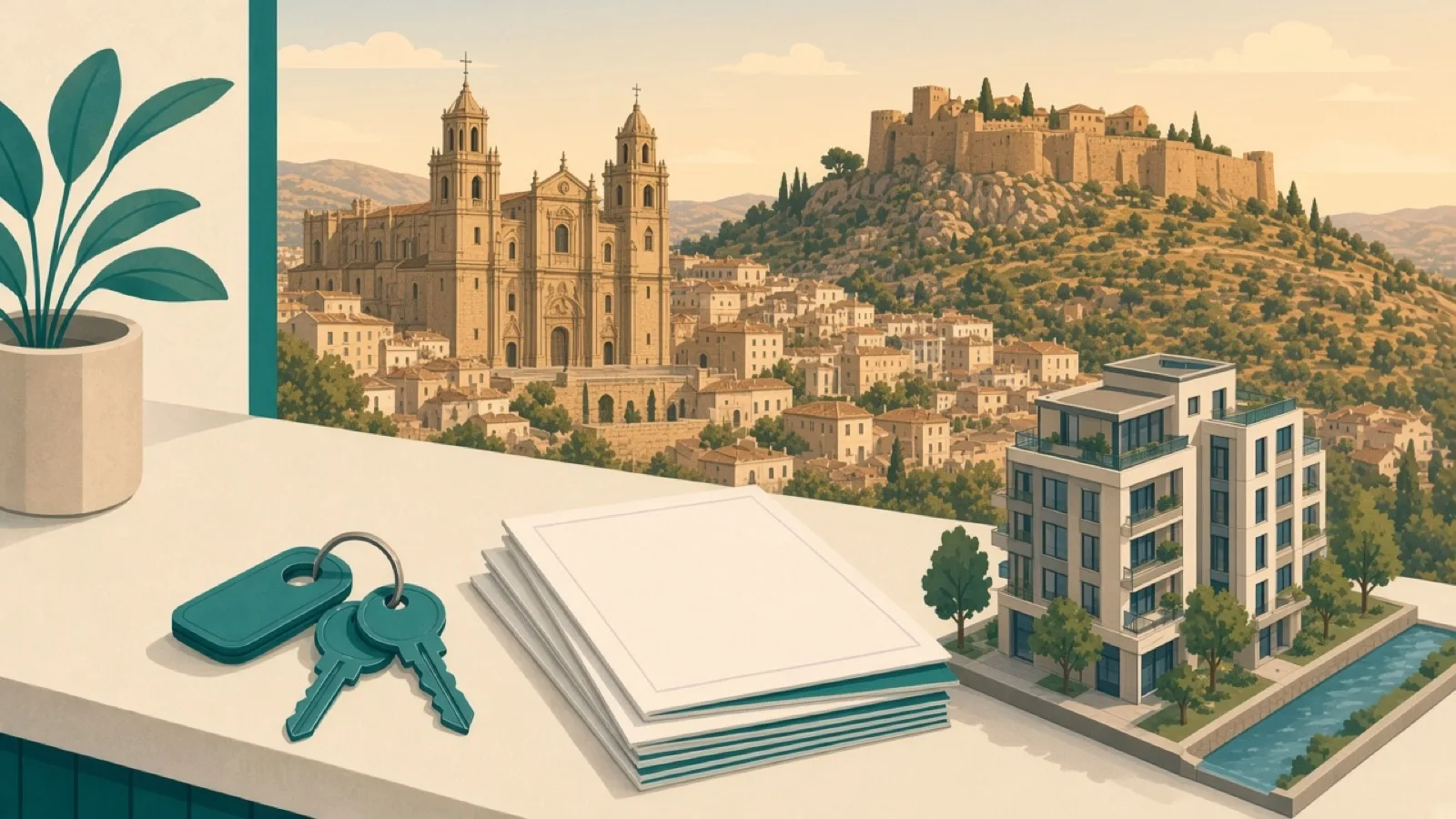 Real estate agencies in Jaén — keys and skyline