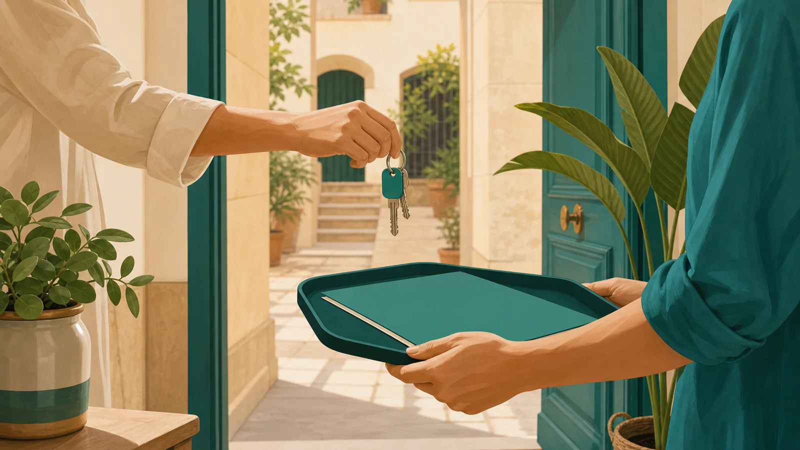 Rental handover in Spain — keys at the doorway