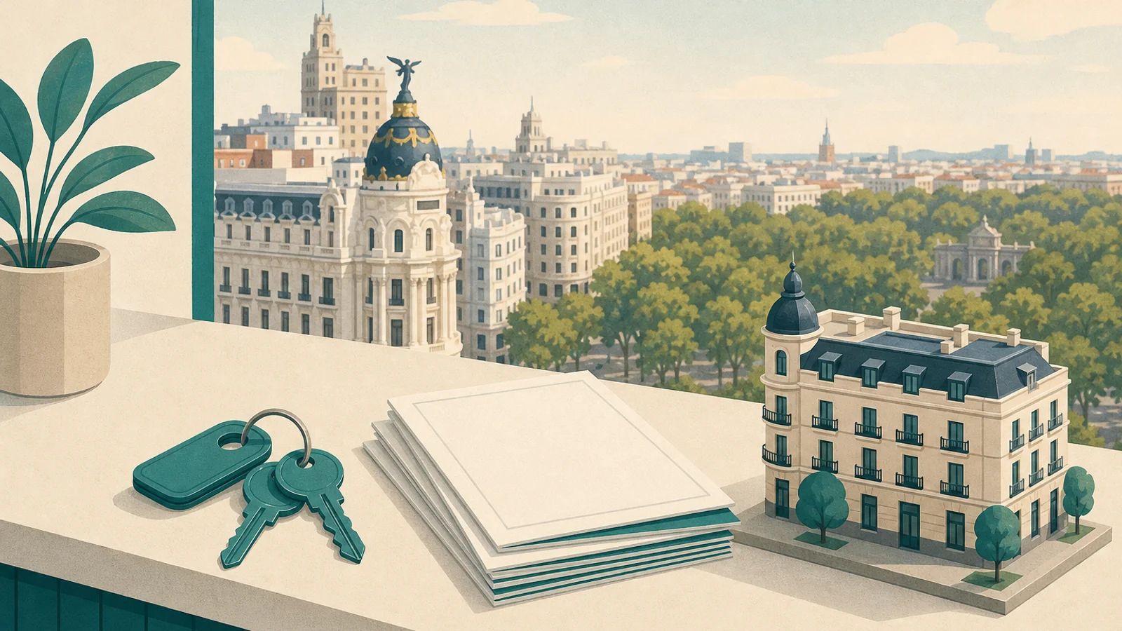 Real estate agencies in Madrid — keys and skyline