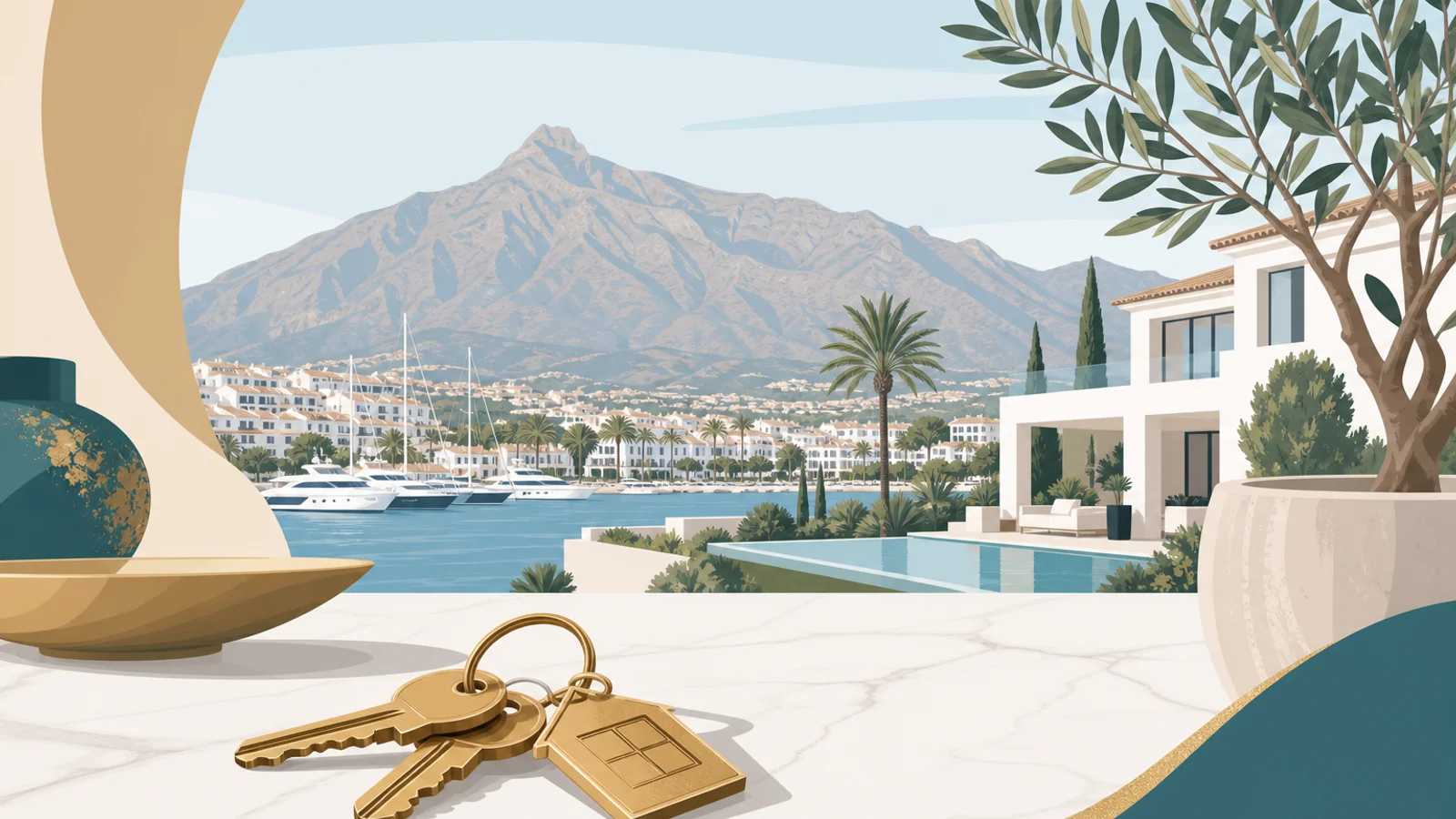 Real estate agencies in Marbella — keys and skyline