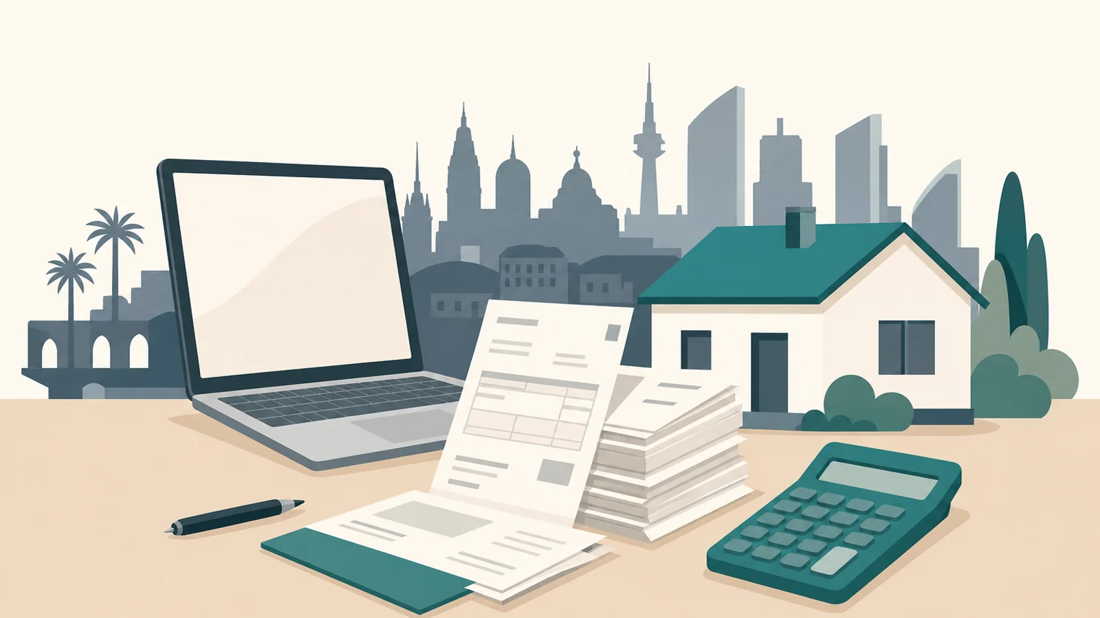 Self-employed professional reviewing mortgage documents with Spanish bank advisor for home purchase approval