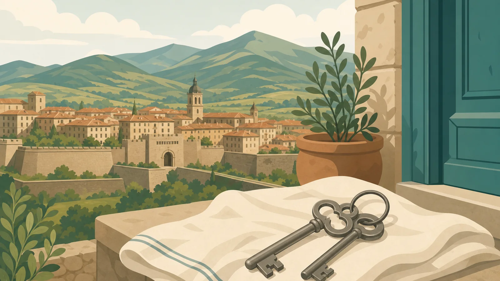 Real estate agencies in Pamplona — keys and skyline