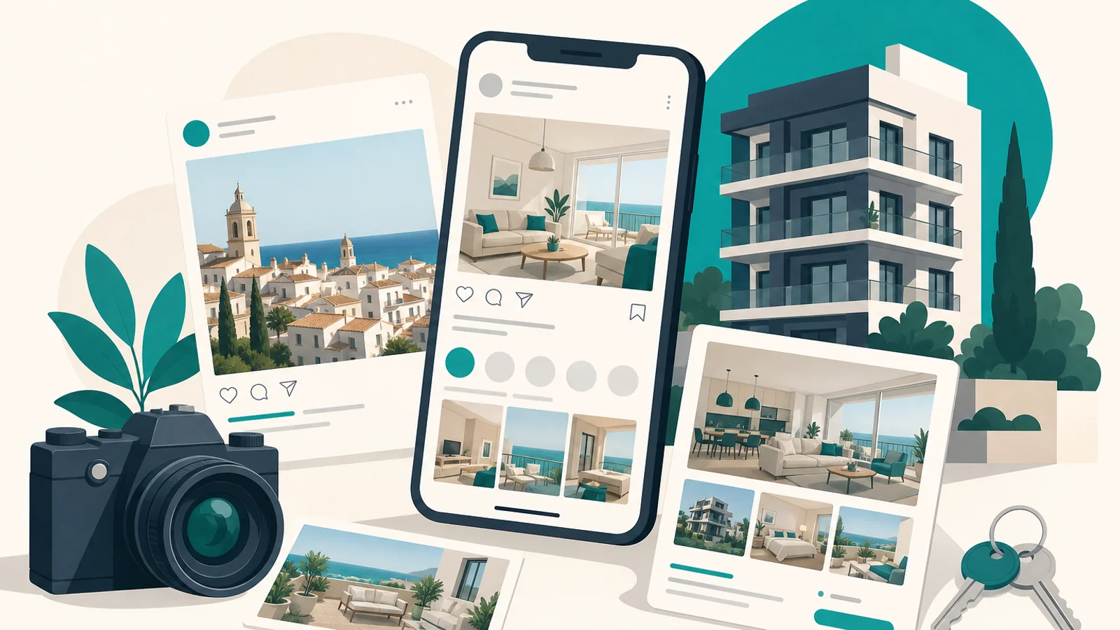 Spanish real estate agent using digital marketing tools on laptop and smartphone to promote property listings online