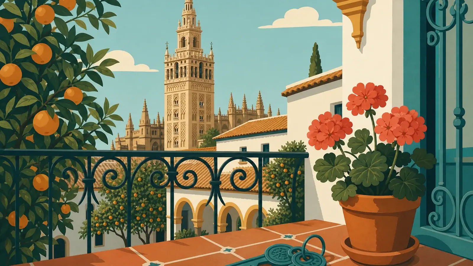 Real estate agencies in Seville — keys and skyline