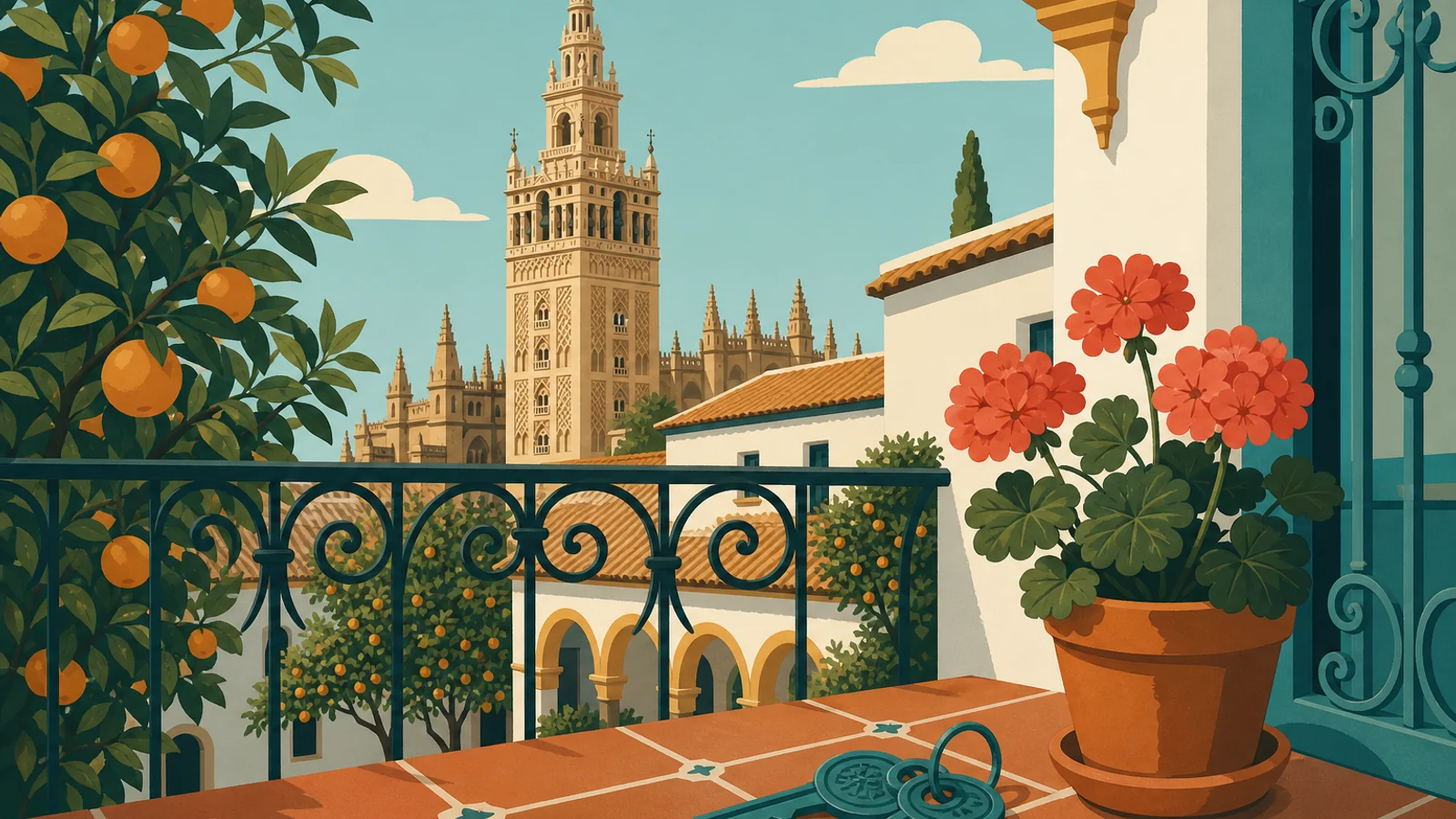 Real estate agencies in Seville — keys and skyline