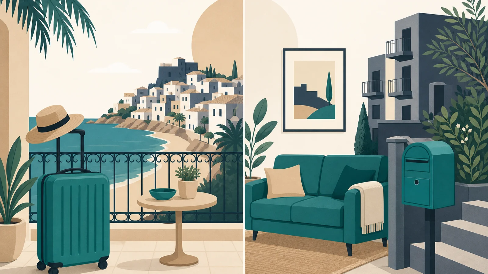 Side-by-side comparison of vacation rental and traditional long-term rental properties in Spanish coastal city with financial metrics