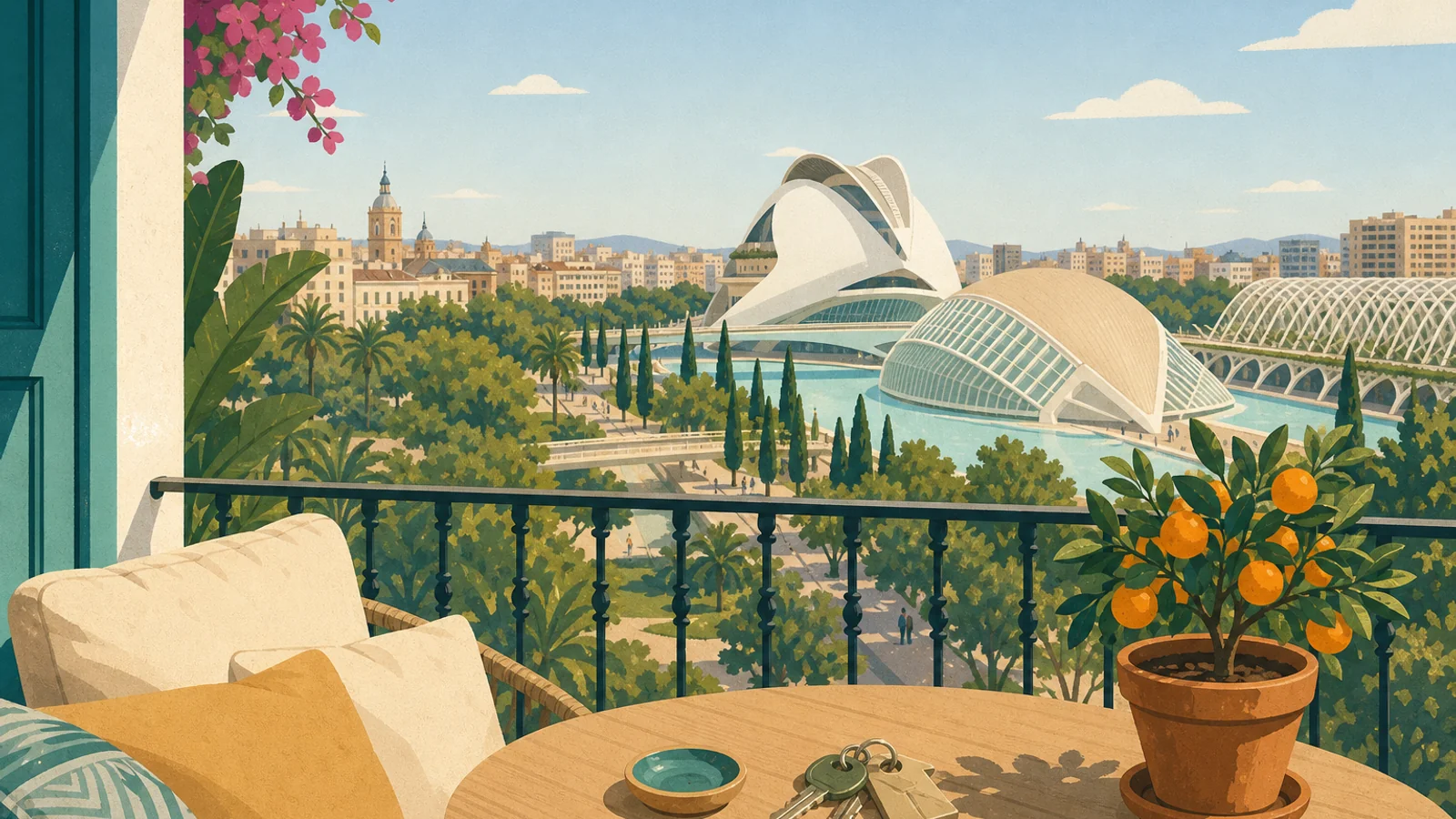 Real estate agencies in Valencia — keys and skyline
