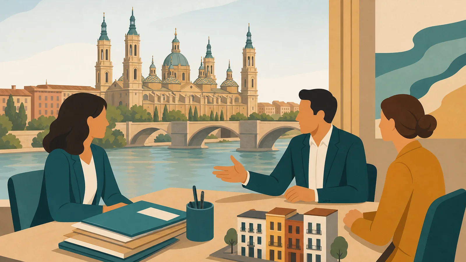 Real estate agencies in Zaragoza — keys and skyline